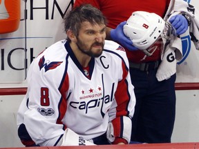 Washington Capitals' Alex Ovechkin sits on the bench during the first period in Game 4 against the Pittsburgh Penguins in an NHL playoff game on May 3, 2017. (AP Photo/Gene J. Puskar)