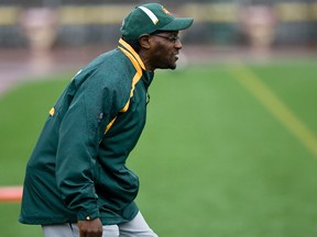 Henry 'Gizmo' Williams, shown here helping out at Eskimos practice in September 2015, is coaching the Jasper Place Rebels football team. (Ian Kucerak)