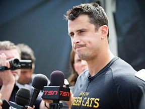 Hamilton Tiger-Cats quarterback Zach Collaros speaks to the media about the team's decision to start Jeremiah Masoli for their annual Labour Day game against the Toronto Argonauts, following a team practice in Hamilton on Aug. 29, 2017. (THE CANADIAN PRESS/Aaron Lynett)
