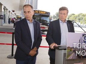 Toronto mayor John Tory and TTC Chair Josh Colle were at Victoria Park subway station to make an announcement about Express buses and how it is moving more commuters than expected on Tuesday August 29, 2017. (Jack Boland/Toronto Sun)