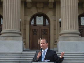 UPC leadership candidate Jeff Callaway announced some more of his "big ideas" on the Alberta Legislative building steps in Edmonton on August 29, 2017. Photo by Shaughn Butts / Postmedia