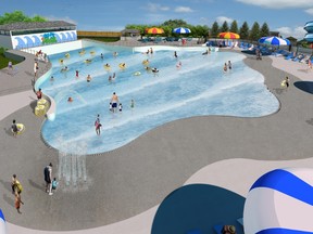 An artist?s drawing illustrates the $2- to $3-million wave pool planned for East Park. The 881-cubic-metre wave pool will be able to hold 550 swimmers and adds to the other attractions at the London amusement park. (Supplied)