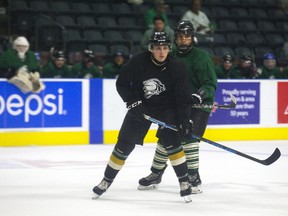 Jacob Buch, foreground, took part in one OHL championship celebration while recovering from cancer, but now he wants to win one on the ice by earning a roster spot with the London Knights. (DEREK RUTTAN, The London Free Press)
