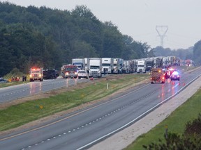 A woman and a child were killed after a pickup truck crossed the median and collided head-on with a vehicle on Highway 401 between Iona Road and Currie Road in London, Ont. on Tuesday August 29, 2017. (DEREK RUTTAN, The London Free Press)