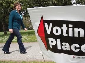 Former B.C. Liberal leader Christy Clark leaves a poling station after casting her ballot in Vancouver, B.C. on May 9, 2017. THE CANADIAN PRESS/Jonathan Hayward