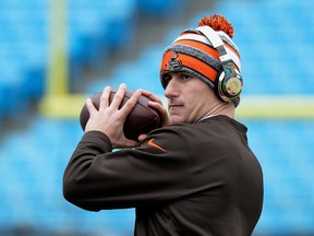 Johnny Manziel of the Cleveland Browns warms up before their game against the Carolina Panthers at Bank of America Stadium on Dec. 21, 2014 in Charlotte, North Carolina. (Grant Halverson/Getty Images)