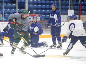 Sudbury Wolves forward Dmitry Sokolov, centre, takes part in an informal practice with teammates at Sudbury Community Arena on Wednesday, Aug. 30, 2017. The Wolves open training camp on Thursday, with scrimmages following on Friday and the Blue and White Game on Saturday. Gino Donato/The Sudbury Star/Postmedia Network