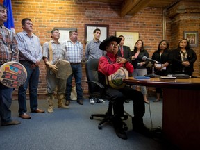 Chief Roger William, right, of the Xeni Gwet'in First Nation, is flanked by chiefs and other officials as he pauses while speaking during a news conference in Vancouver, B.C., after the Supreme Court of Canada ruled in favour of the Tsilhqot'in First Nation, granting it land title to 438,000-hectares of land on Thursday June 26, 2014. THE CANADIAN PRESS/Darryl Dyck