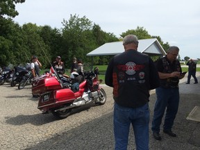 Several members of the Canadian Legion gearing up for the annual Legion to Legion motorcycle run starting in Corunna, Ont. (Courtesy of the Corunna Legion)