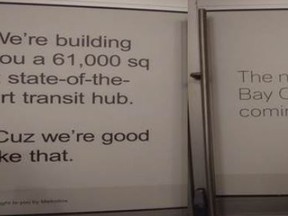 A sign posted in Union Station by the province’s transit agency boasting of its achievements during the long-running renovation has raised the ire of the opposition Progressive Conservatives.