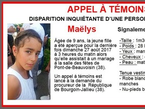 This notice released on Monday, Aug. 28, 2017, by Gendarmerie Nationale shows a call for witnesses and an undated portrait of a missing girl, Maelys. The notice, released on the Gendarmerie Nationale Twitter account, reads in French: "Call for witnesses" - "Worrying disappearance of a minor". (Gendarmerie Nationale via AP)