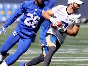Winnipeg Blue Bombers Weston Dressler breaks away from a defender during practice, in Winnipeg, Wednesday, August 30, 2017.