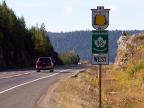 Highway 16 near Prince George, B.C. is shown on Monday, Oct. 8, 2012 where subsidized bus service was introduced to reduce hitchhiking along the route where a number of Indigenous women have gone missing. THE CANADIAN PRESS/Jonathan Hayward
