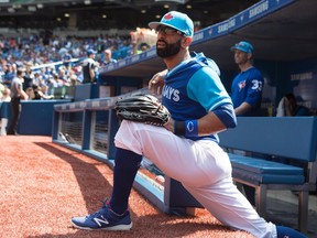 Toronto Blue Jays right fielder Jose Bautista stretches before taking the field against the Minnesota Twins in MLB action in Toronto on Aug. 26, 2017. (THE CANADIAN PRESS/Chris Young)