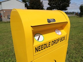 A sharps disposal kiosk in Headway Park off of Wilson Street in Kingston.  (Ian MacAlpine/The Whig-Standard)