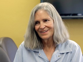 In this April 14, 2016 file photo, former Charles Manson follower Leslie Van Houten is shown during a break from her hearing before the California Board of Parole Hearings at the California Institution for Women in Chino, Calif. VanHouten is expected to get a court hearing Thursday, Aug. 31, 2017, to evaluate the role of her young age in the killing of a California couple four decades ago. (AP Photo/Nick Ut, File)
