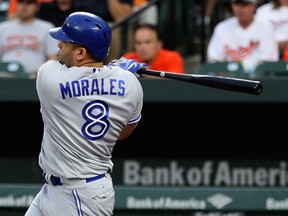 Kendrys Morales #8 of the Toronto Blue Jays swings at a pitch against the Baltimore Orioles in the first inning at Oriole Park at Camden Yards on August 31, 2017 in Baltimore, Maryland. (Photo by Rob Carr/Getty Images)
