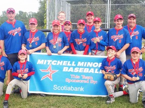 The Mitchell Scotiabank (Hopf) Pee Wees won the WOBA Division 4 championship in Flesherton Aug. 25-27 weekend. Back row (left): Marek Hopf, Dale Hopf (coach). Middle row (left): Dan Van Straaten (coach), Liam Wallace, Danny Van Straaten, Matthew Crawford, Tanner Meinen, Seth Huygen, Drew Scherbarth, Ken Miller (coach). Front row (left): Sy Dow, Joel Meinen, PJ Marshall, Matthew Miller. SUBMITTED