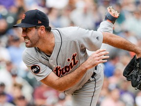 Justin Verlander of the Detroit Tigers pitches against the Colorado Rockies at Coors Field on August 30, 2017 in Denver. (Dustin Bradford/Getty Images)
