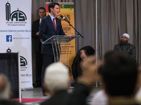 Prime Minster Justin Trudeau speaks during Eid al-Adha at Prairieland Park in Saskatoon, Friday, September 1, 2017. THE CANADIAN PRESS/Liam Richards
