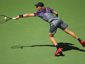 Denis Shapovalov returns a shot to Kyle Edmund during their third round match on Day 5 of the US Open at the USTA Billie Jean King National Tennis Center on Sept. 1, 2017. (Clive Brunskill/Getty Images)