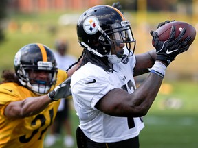Pittsburgh Steelers wide receiver Martavis Bryant, right, makes a catch as cornerback Ross Cockrell defends during training camp in Latrobe, Pa., Wednesday, Aug. 16, 2017. (AP Photo/Keith Srakocic)