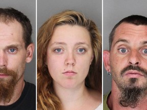 (From left to right) Shawn Whaley, 23, Brandy Shaver, 18, and Gary Bubis, 37, are seen in police mug shots. (HO)