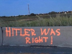 The words “Hitler was right!” were found spraypainted in orange at a Hwy. 400 ramp near Vaughan Mills mall on Friday, Sept. 1, 2017. (photo supplied by the Friends of Simon Wiesenthal Center)