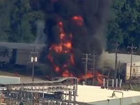Screenshot of fire at chemical plant in Crosby, Texas. (AP video screenshot)