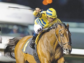 Eurico Da Silva guides Sweater Weather to victory in the $125,000 Algoma Stakes at Woodbine on Wednesday. It was one of three stakes wins for the jockey that night. (Michael Burns, photo)
