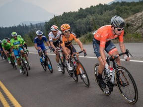 Evan Huffman (Rally Cycling) leads the break during the Tour of Alberta Stage 1 on September 1, 2017 in Jasper, Alta.