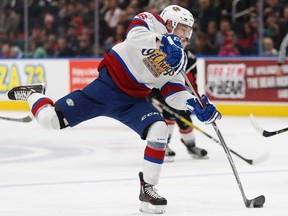 Edmonton's Wyatt McLeod fires a shot during the second period of a WHL game between the Edmonton Oil Kings and the Moose Jaw Warriors at Rogers Place in Edmonton on Sunday, January 22, 2017.