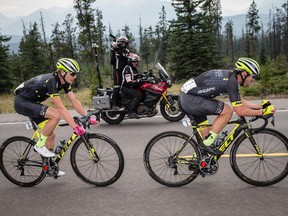 Ty Magner (Holowesko-Citadel p/b Hincapie Sportswear) and teammate Oscar Clarke (Holowesko-Citadel p/b Hincapie Sportswear) break away during stage 1 of the Tour of Alberta on September 1, 2017 in Jasper, Canada. (Photo by Jonathan Devich)