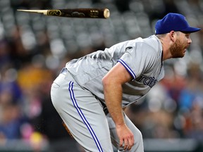 Starting pitcher Joe Biagini of the Toronto Blue Jays ducks before being hit with the shattered bat of Chris Davis of the Baltimore Orioles (not pictured) during MLB action at Oriole Park at Camden Yards on Sept. 1, 2017. (Patrick Smith/Getty Images)