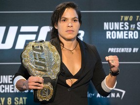 Amanda Nunes poses during media day for Saturday’s UFC 213 in Las Vegas on Thursday, July 6, 2017. (Erik Verduzco/Las Vegas Review-Journal via AP)