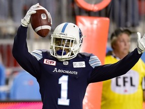 Toronto Argonauts running back Anthony Coombs celebrates his touchdown against the Ottawa Redblacks in Toronto, Monday, July 24, 2017. (THE CANADIAN PRESS/Frank Gunn)