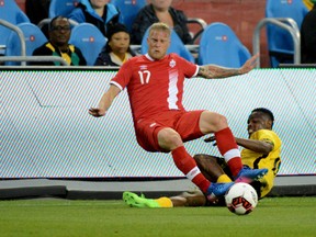 Canada's Marcel De Jong (left) fights for the ball with Jamaica's Dane Kelly during the first half of their international friendly Saturday September 2, 2017 in Toronto. (THE CANADIAN PRESS/Jon Blacker)