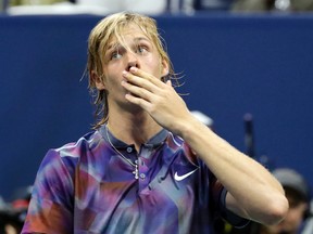 Denis Shapovalov salutes the crowd after losing to Pablo Carreno Busta during the fourth round of the U.S. Open in New York on Sunday, Sept. 3, 2017. (Julie Jacobson/AP Photo)