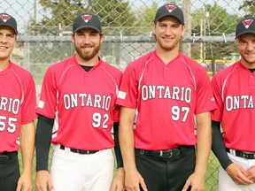 Derek Hyde, Liam Laforest, Jake Wiffen and Isaiah Whetstone (from left) were all part of Team Ontario men's fastball squad that won gold at the Canada Summer Games in Winnipeg, Manitoba. Ontario went 7-2 in the round robin and won both playoff games, including 4-1 over Saskatchewan in the finals. Greg Colgan/Woodstock Sentinel-Review/Postmedia Network