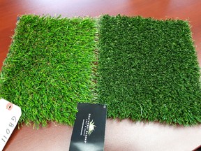 Two-tone artificial turf (left) meets requirements in Whitecourt, while one-tone artificial turf (right) does not (Peter Shokeir | Whitecourt Star).
