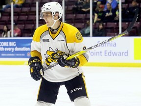 Marko Jakovljevic (8) of the Sarnia Sting plays against the London Knights in an OHL exhibition game at Progressive Auto Sales Arena in Sarnia, Ont., on Saturday, Sept. 2, 2017. (MARK MALONE/Postmedia Network)