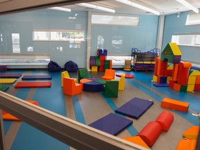 Some of the features at the new St. Francis of Assisi Catholic School include different communities sections, like the movement studio for kindergarten to Grade 2 students, seen during a media tour on Monday. (Julia McKayéThe Whig-Standard)