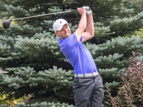 Tyler Sauerbrei hits his drive on the first extra hole after he and Drew Mayhew were even through 18 holes in the final of the 2017 Kingston City Men's Golf Championship on Monday at Cataraqui Golf and Country Club. Sauerbrei won the hole to claim the title, the second city match-play crown of his career. His first title came 13 years ago in 2004. (Tim Gordanier, The Whig-Standard)