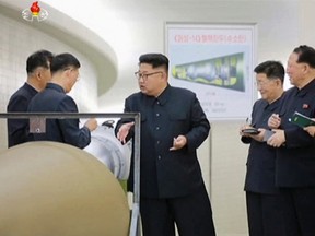 In this image made from video by North Korea's KRT released on Sunday, Sept. 3, 2017, shows North Korean leader Kim Jong Un at an undisclosed location. North Korea’s state media on Sunday, Sept 3, 2017, said leader Kim Jong Un inspected the loading of a hydrogen bomb into a new intercontinental ballistic missile, a claim to technological mastery that some outside experts will doubt but that will raise already high worries on the Korean Peninsula. Independent journalists were not given access to cover the event depicted in this image distributed by the North Korean government. The content of this image is as provided and cannot be independently verified. (KRT via AP Video)