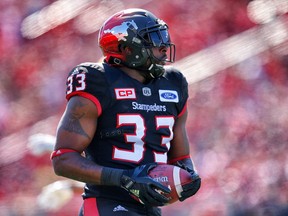 Calgary StampedersJ erome Messam rumbles his way into the end zone for a touchdown against the Edmonton Eskimos during CFL football on Monday, September 4, 2017.