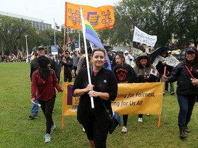 Winnipeg Labour Council president Basia Sokal leads the Winnipeg Labour Day march out of Memorial Park on Mon., Sept. 4, 2017. Kevin King/Winnipeg Sun/Postmedia Network