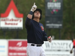 Winnipeg Goldeyes catcher Mason Katz points skyward after hitting his first of three home runs against the Fargo-Moorhead RedHawks in American Association action at Shaw Park on Mon., Sept. 4, 2017. Kevin King/Winnipeg Sun/Postmedia Network