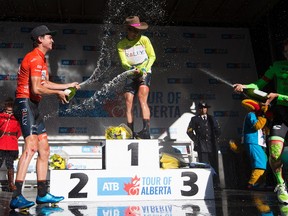 Sepp Kuss, left, Evan Huffman, centre and Alex Howes celebrate at the finish of the 2017 ATB Tour of Alberta, in Edmonton Monday Sept. 4, 2017. Photo by David Bloom Photos off Stage 3 of 2017 ATB Tour of Alberta for Monday, Sept. 4.