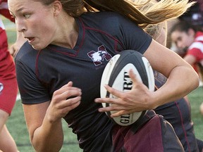 Belleville's Tia Svoboda scored two tries in her OUA women's rugby debut last weekend for McMaster. (McMaster Marauders Athletics photo)