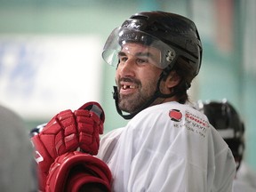 Zack Stortini keeps his eyes on the action  at the NHL vs Docs hockey game in support of the NEO Kids  Foundation in Sudbury, Ont. on Thursday August 10, 2017. Gino Donato/Sudbury Star/Postmedia Network